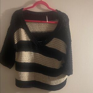Free People Black and Cream V-Neck Sweater